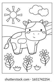 Educational game for children. Cute kawaii cow with flowers. Farm animals. Coloring page.