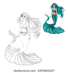 An educational game for children. The game "Dot to dot" for children. Cute mermaid. Numbers game, dot-to-dot educational game and coloring book for kids. Education of children. Cartoon 