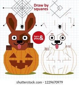 educational game for children. Draw Halloween by squares. Spider web and spider paint same way again. Paint resulting picture in right autumn colors. Learn and play. Coloring. Vector illustration.