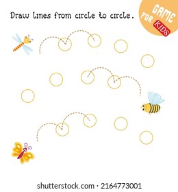 Educational game for children. Draw the paths. Handwriting practice. Colored cartoon insects. Vector illustration.