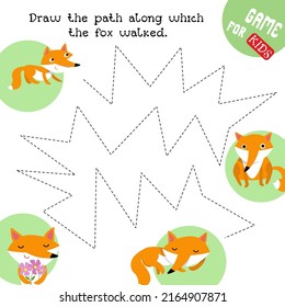 Educational game for children. Draw paths. Handwriting practice. Fox on walk in forest. Vector illustration.