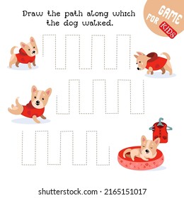Educational game for children. Draw the paths. Handwriting practice. Colored cartoon dogs. Vector illustration.