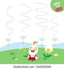 Educational game for children. Draw the paths. Handwriting practice. Colored cartoon chicken and dandelion. Vector illustration.