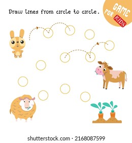 Educational game for children. Draw the paths. Handwriting practice. Colored cartoon forest and farm animals. Vector illustration.
