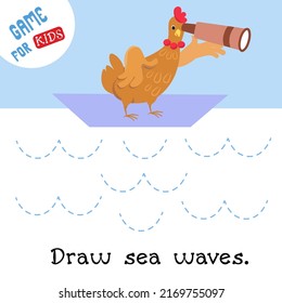 Juego educativo para niños. Dibuja los caminos. Práctica de escritura a mano. Pollo de caricatura en barco en el mar. Ilustración vectorial.