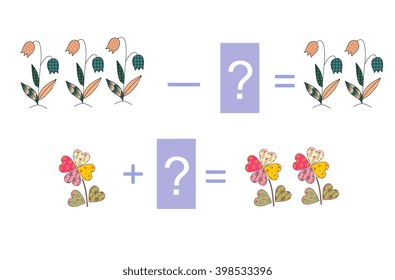 Educational game for children. Examples with cute colorful  flowers. Cartoon illustration of mathematical addition and subtraction. Vector image.