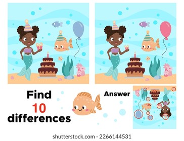 Juego educativo para niños. Encuentra 10 diferencias. Tema de cumpleaños. Rompecabezas imprimible. Sirena y pescado. Cuento de hadas. Ilustración vectorial del libro infantil.