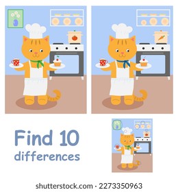 Educational game for children. Find 10 differences. Cheerful cat cook in the kitchen.
