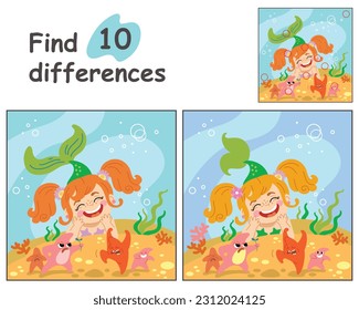 Juego educativo para niños. Buscar 10 diferencias con la plantilla. Pequeña sirena de dibujos animados y peces estrella en el mundo submarino. Ilustración vectorial para libros infantiles, impresión, decoración y diseño.