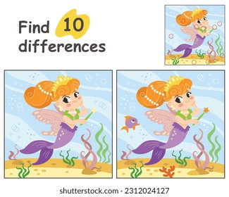 Erziehungsspiel für Kinder. Finden Sie 10 Unterschiede mit der Vorlage. Cute Cartoon Meerjungfrau in Unterwasserwelt. Vektorgrafik für Kinderbücher, Druck, Dekoration und Design.