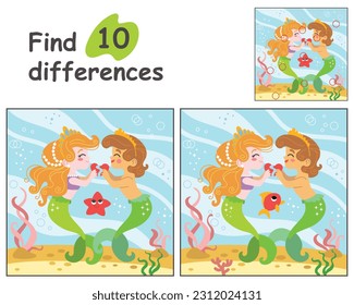 Educational game for children. Find 10 differences with template. Cute cartoon mermaids lovers in underwater world. Vector illustration for children workbooks, print, decorations and design.