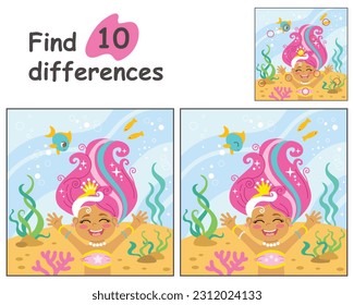 Educational game for children. Find 10 differences with template. Cute cartoon mermaid with pink hair in underwater world. Vector illustration for children workbooks, print, decorations and design.