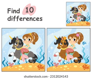 Educational game for children. Find 10 differences with template. Cute cartoon mermaid ride on seahorse in underwater world. Vector illustration for children workbooks, print, decorations and design.