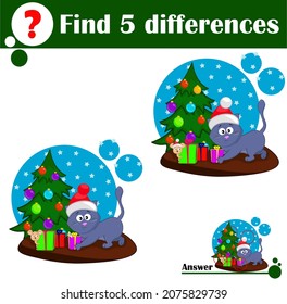 Educational game for children. Find 5 differences. Cute cat gives a gift to the mouse under the christmas tree. Cartoon vector graphics for kids