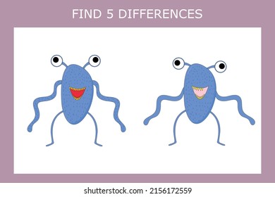 Educational game for children. Find 5 differences between the monsters and circle them