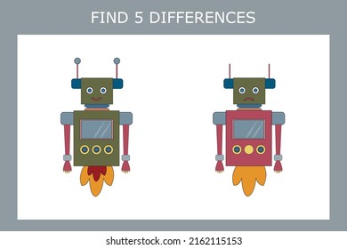 Educational game for children. Find 5 differences between the  robots and circle them