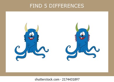 Educational game for children. Find 5 differences between the monsters and circle them
