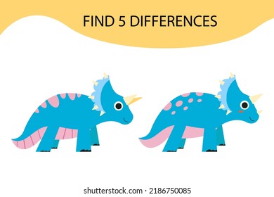 Educational game for children. Find 5 differences, cute dinosaur. Vector cartoon illustration