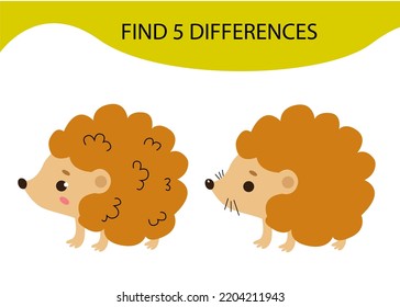 Educational game for children. Find 5 differences, cute Hedgehog. Vector cartoon illustration