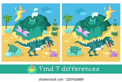 Educational game for children. Find 7 differences. Island with volcano and dinosaurs. Animals in prehistoric period. Activities for children. Vector illustration.