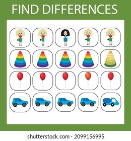 Educational game for children. Find all toys that are different from others in the row and circle them