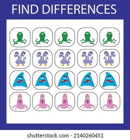Educational game for children. Find all monsters are different from others in the row and circle them