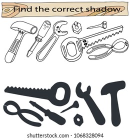 Educational game for children. Find the correct shadow. A set of hand tools. A saw, a hammer, a screwdriver, a nail, a nut. Black and white vector illustration.