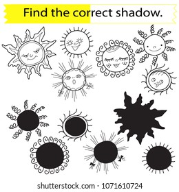 Educational game for children. Find the correct shadow. A set of suns. Hand drawn. Black and white vector illustration.