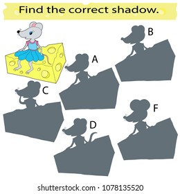 Educational game for children. Find the correct shadow. Mouse and cheese.  Colored Vector illustration.