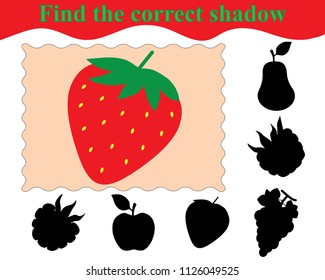 Educational game for children. Find the correct shadow of strawberry. Vector illustration.