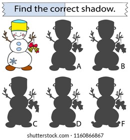 Juego educativo para niños. Encuentre la sombra correcta. Hombre de nieve alegre. Ilustración del vector coloreado.