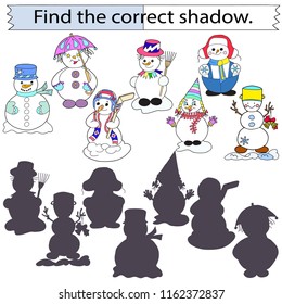Educational game for children. Find the correct shadow. A set of funny snowmen. Hand drawn. Colored Vector illustration.