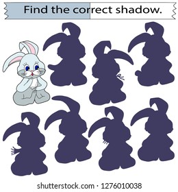 Educational game for children. Find the correct shadow. Sitting hare.  Color vector illustration.