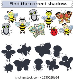 Educational game for children. Find the correct shadow.Set of insects. Bees, spiders, ladybugs, butterflies. Hand drawn. Color vector illustration.