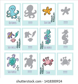 Educational game for children. Find the correct shadow. Kids activity flashcards with sea animals.