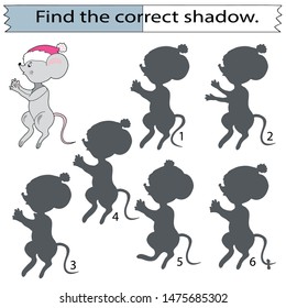 Educational game for children. Find the correct shadow. Cheerful little mouse in a hat. Hand drawn. Color vector illustration.