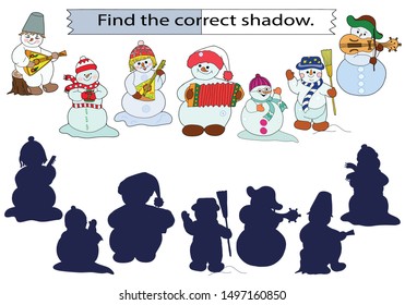 Educational game for children. Find the correct shadow. Set of snowmen. Color vector illustration.