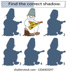 Educational game for children. Find the correct shadow. Cheerful snowman with a balalaika. Color vector illustration.