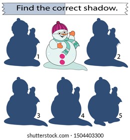 Educational game for children. Find the correct shadow. Cheerful snowman with glasses. Color vector illustration.