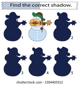 Educational game for children. Find the correct shadow. Cheerful snowman with a violin. Color vector illustration.