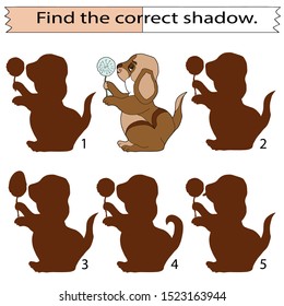 Educational game for children. Find the correct shadow. Dog with a dandelion.  Hand drawn. Color vector illustration.