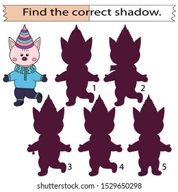 Educational game for children. Find the correct shadow. Funny pig. Hand drawn. Color vector illustration.