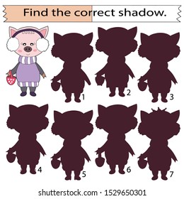 Educational game for children. Find the correct shadow. Piglet in headphones with a basket. Hand drawn. Color vector illustration.