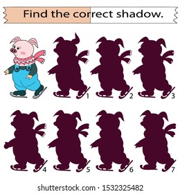 Educational game for children. Find the correct shadow. Pig on skates. Hand drawn. Color vector illustration.