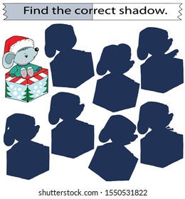 Educational game for children. Find the correct shadow. Little mouse with a christmas gift. Hand drawn black and white vector illustration.
