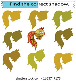 Educational game for children. Find the correct shadow. Sea creatures. Fish. Hand drawn. Color vector illustration.