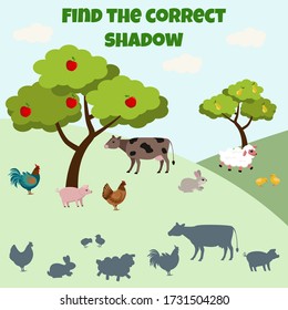 Lernspiel für Kinder. Finden Sie den richtigen Schatten. Landtiere. Mini-Spiel für Kinder.