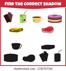 Juego educativo para niños. Encuentra la sombra correcta. Comida y platos. Mini juego para niños.