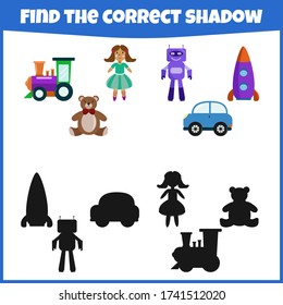 Educational game for children. Find the correct shadow. The toys. Mini-game for children.