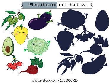 Educational game for children. Find the correct shadow. A set of vegetables. Cabbage, pepper, eggplant, radish, beets, olives, avocados. Hand drawn. Color vector illustration.